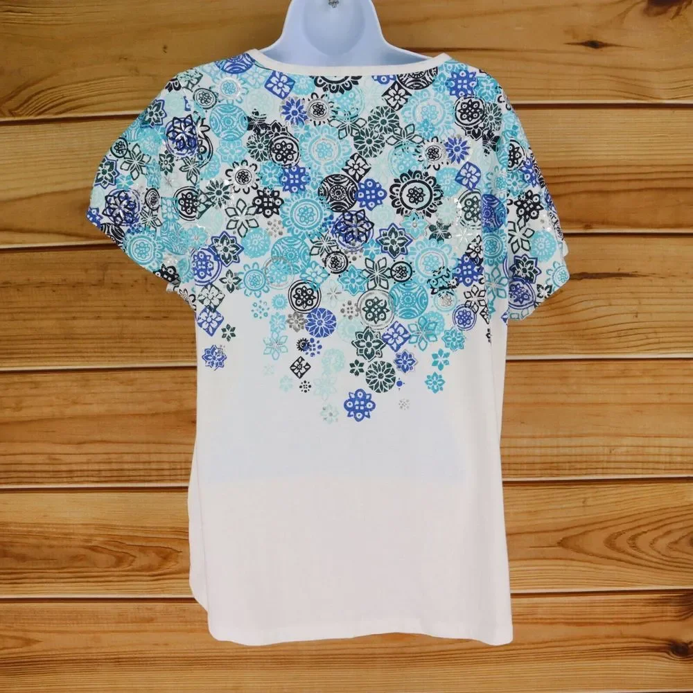 Studio Works Short Sleeve Shirt Womens Sz 1X White Blue Floral Cotton V-Neck NEW - Picture 2 of 8